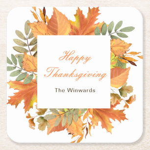 Rustic Autumn Fall Leaves Square Thanksgiving Paper Coaster