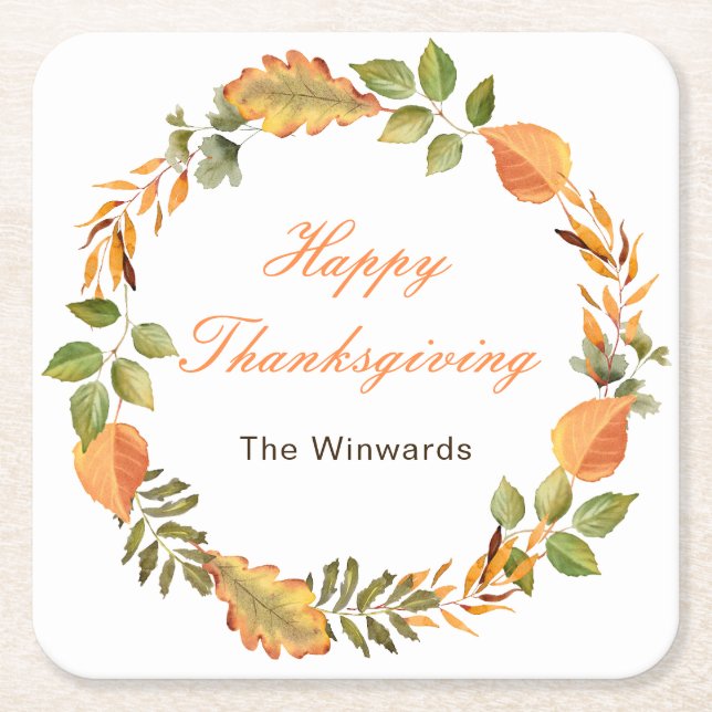 Rustic Autumn Fall Leaves Square Thanksgiving  Paper Coaster (Front)