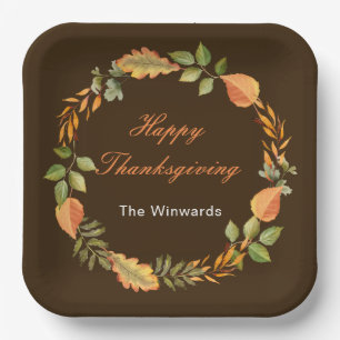 Rustic Autumn Fall Leaves Square Thanksgiving Paper Plate