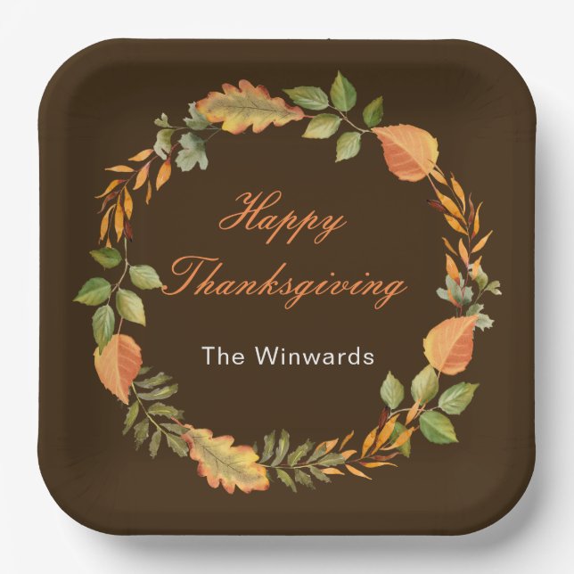 Rustic Autumn Fall Leaves Square Thanksgiving  Paper Plate (Front)