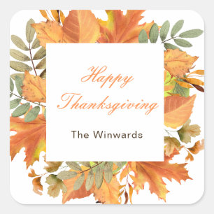 Rustic Autumn Fall Leaves Square Thanksgiving Sticker