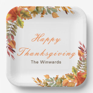Rustic Autumn Fall Leaves Thanksgiving Party Paper Plate