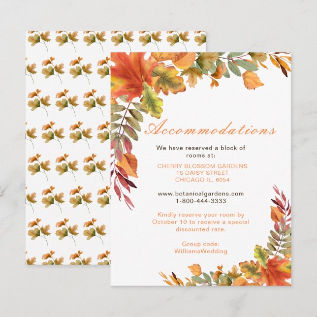 Rustic Autumn Fall Leaves Wedding Accommodations Enclosure Card (Front/Back)
