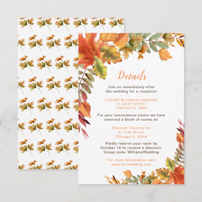 Rustic Autumn Fall Leaves Wedding Details Enclosure Card (Front/Back)
