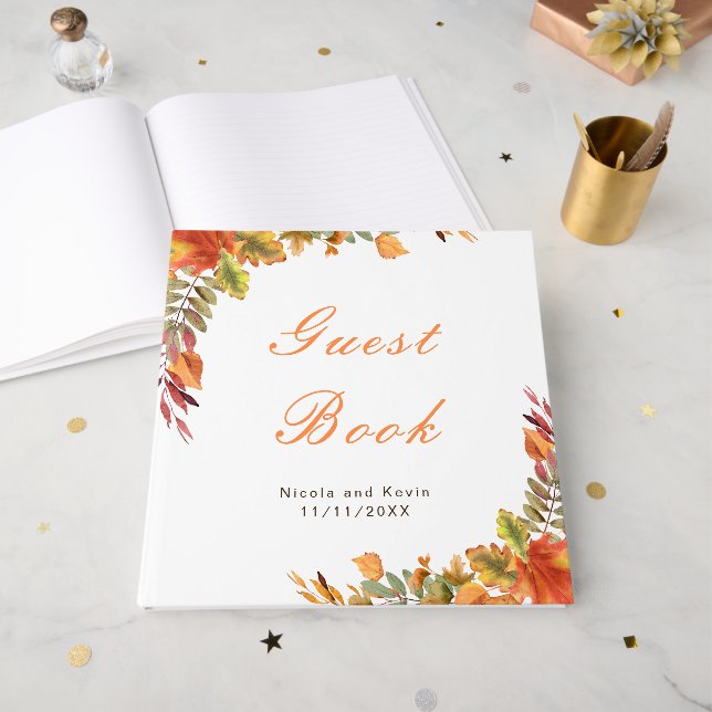 Rustic Autumn Fall Leaves Wedding Guest Book (Front Open)