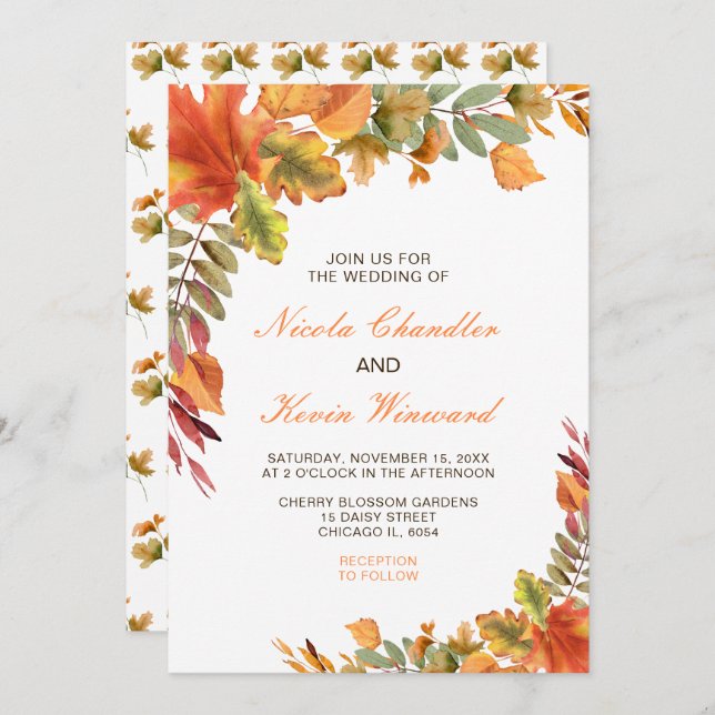 Rustic Autumn Fall Leaves Wedding Invitation (Front/Back)