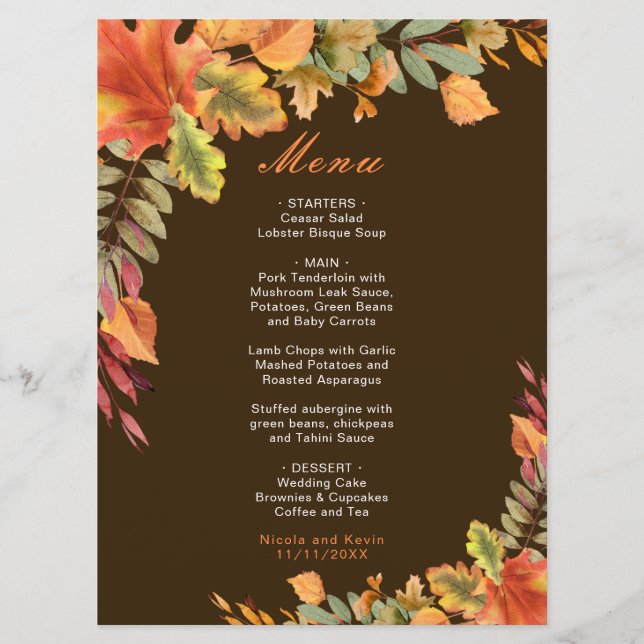 Rustic Autumn Fall Leaves Wedding Menu (Front)