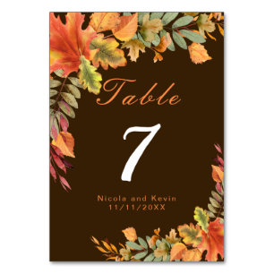 Rustic Autumn Fall Leaves Wedding Table Number