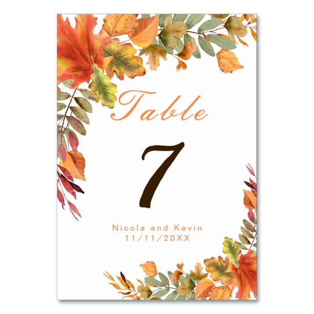 Rustic Autumn Fall Leaves Wedding Table Number (Front)