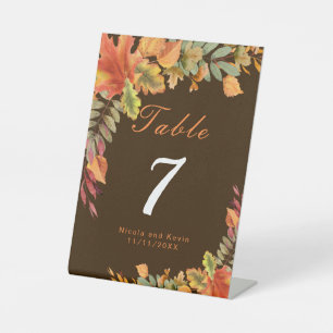 Rustic Autumn Fall Leaves Wedding Table Number Pedestal Sign