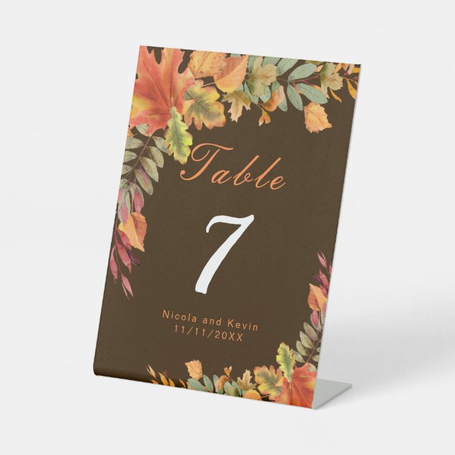 Rustic Autumn Fall Leaves Wedding Table Number Pedestal Sign (Front)