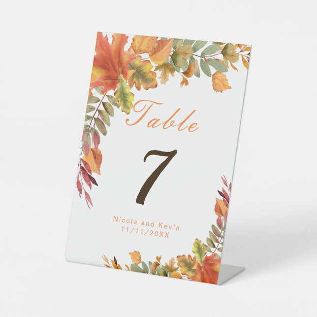 Rustic Autumn Fall Leaves Wedding Table Number Pedestal Sign (Front)