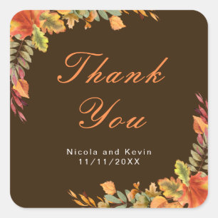 Rustic Autumn Fall Leaves Wedding Thank You Square Sticker