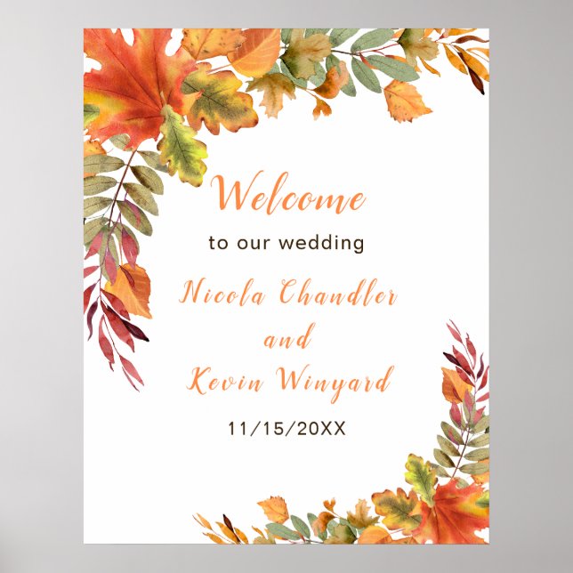 Rustic Autumn Fall Leaves Wedding Welcome Poster (Front)