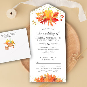 Rustic Autumn Fall Maple Leaves Pumpkin Wedding All In One Invitation