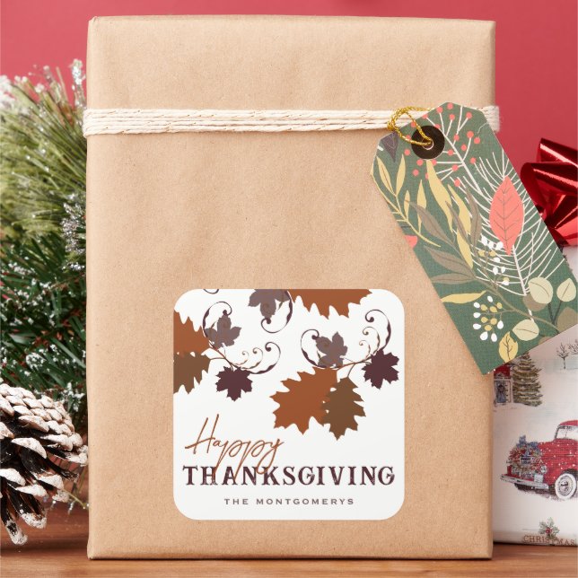 Rustic Autumn Fall Oak Leaves Happy Thanksgiving Square Sticker (Holiday)