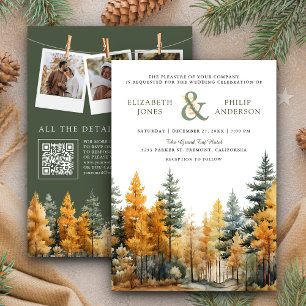 Rustic Autumn Fall Pine Trees QR Code Wedding Invitation