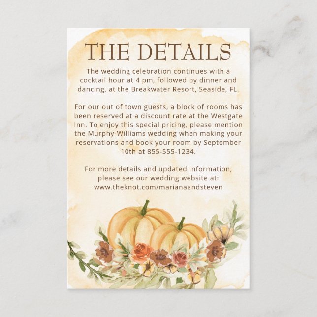 Rustic Autumn Fall Pumpkin Details Wedding Enclosure Card (Front)