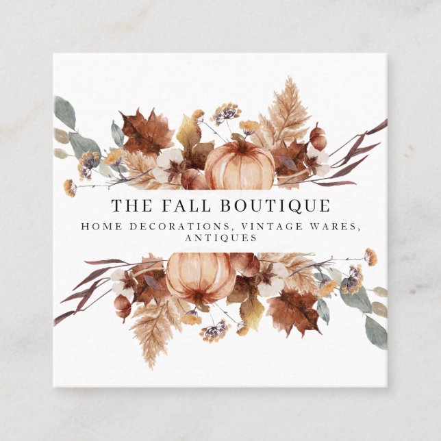 Rustic Autumn Fall Pumpkin Floral Leaves Foliage Square Business Card (Front)