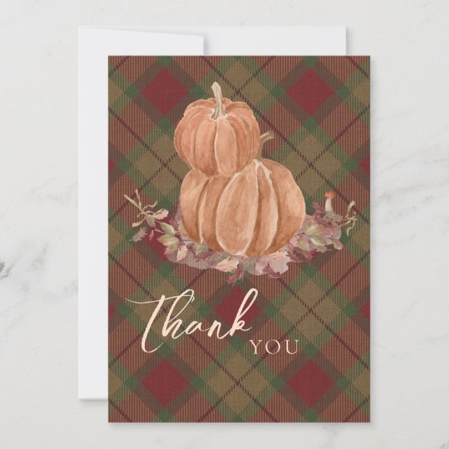 Rustic Autumn Fall Pumpkin Plaid Thank You Card (Front)