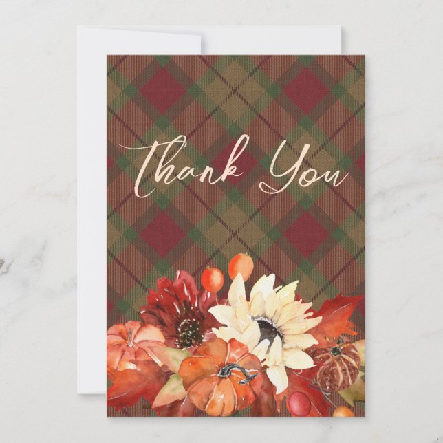 Rustic Autumn Fall Pumpkin Plaid Thank You Card (Front)