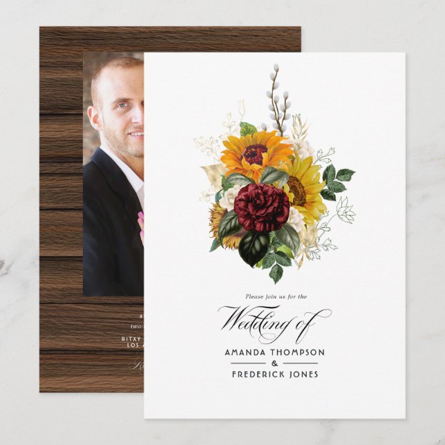 Rustic Autumn - Fall Sunflower Wedding Photo Invitation (Front/Back)