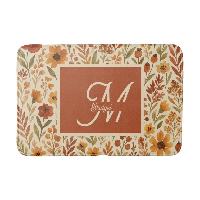 Rustic Autumn fall vibes & Floral Monogram Bath Mat (Front)