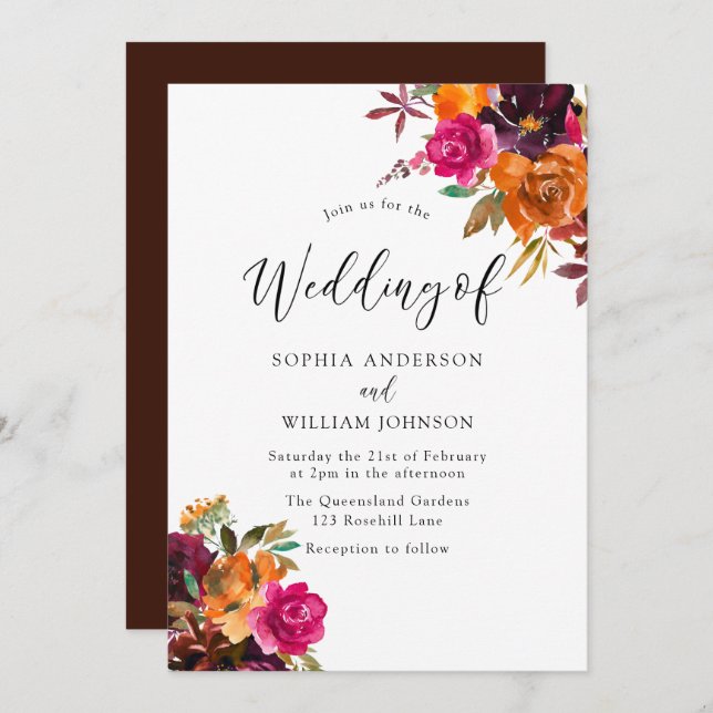 Rustic Autumn  Fall Watercolor Flowers Wedding Invitation (Front/Back)