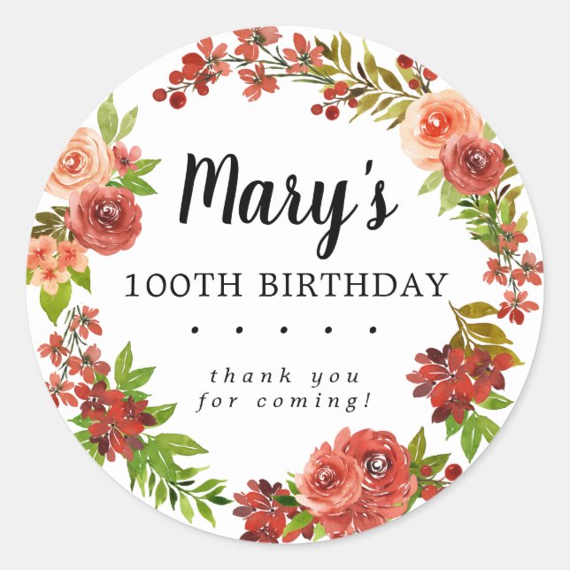 Rustic Autumn Floral 100th Birthday Thank You Classic Round Sticker (Front)