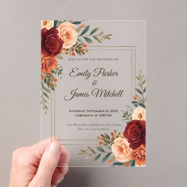 Rustic Autumn Floral Acrylic Wedding Invitation (Insitu (Handheld))