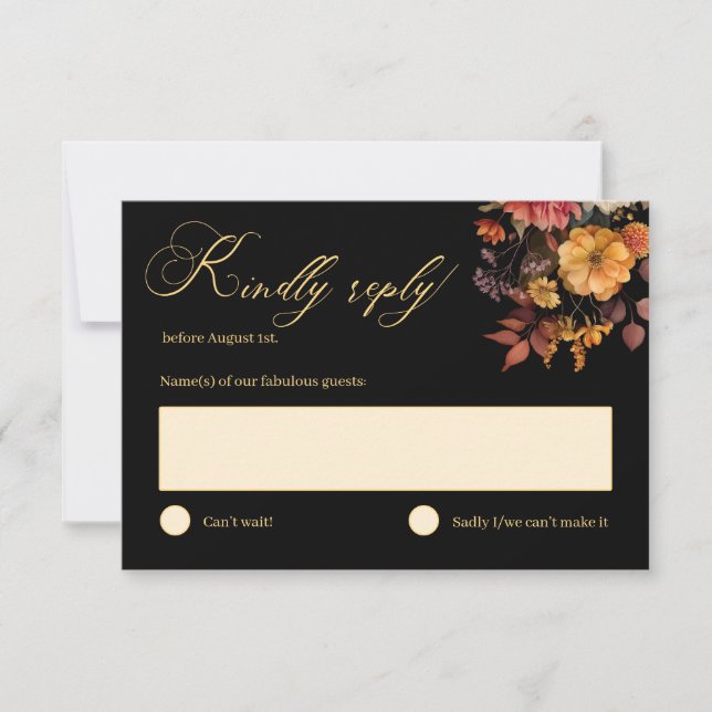 Rustic Autumn Floral Black Wedding  RSVP Card (Front)