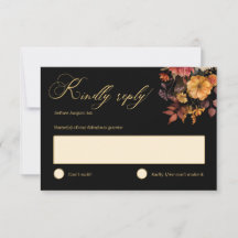 Rustic Autumn Floral Black Wedding RSVP Card