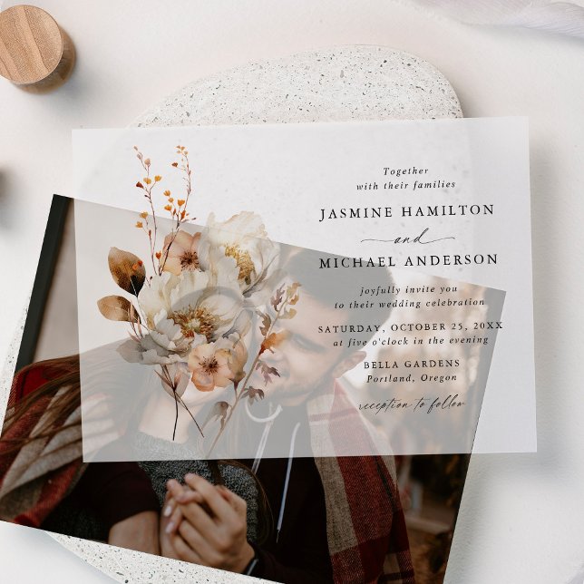 Rustic Autumn Floral Bouquet Wedding Vellum Invitations (Creator Uploaded)