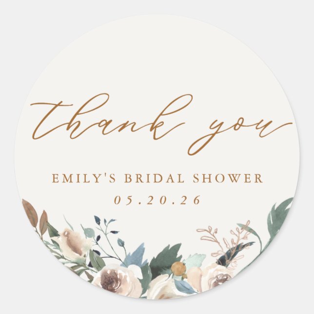 Rustic Autumn Floral Bridal Shower Favor Classic Round Sticker (Front)