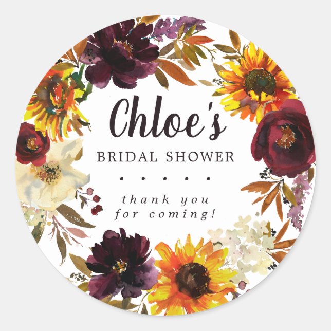 Rustic Autumn Floral Bridal Shower Thank You Classic Round Sticker (Front)