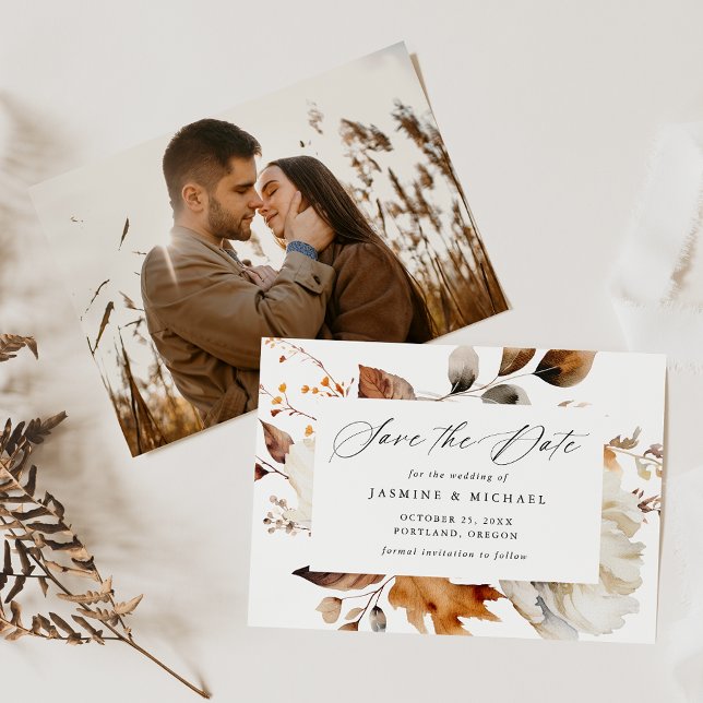 Rustic Autumn Floral Calligraphy Photo Wedding Save The Date (Creator Uploaded)