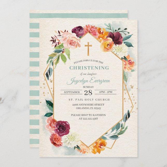 Rustic Autumn Floral Christening Invitation (Front/Back)