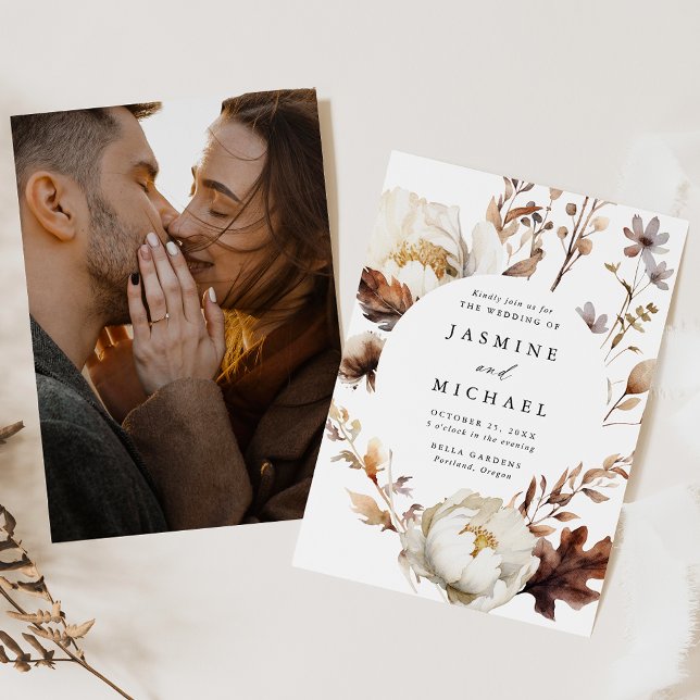 Rustic Autumn Floral Circle Frame Photo Wedding Invitation (Creator Uploaded)