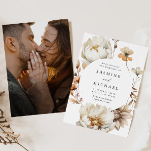 Rustic Autumn Floral Circle Frame Photo Wedding Invitation