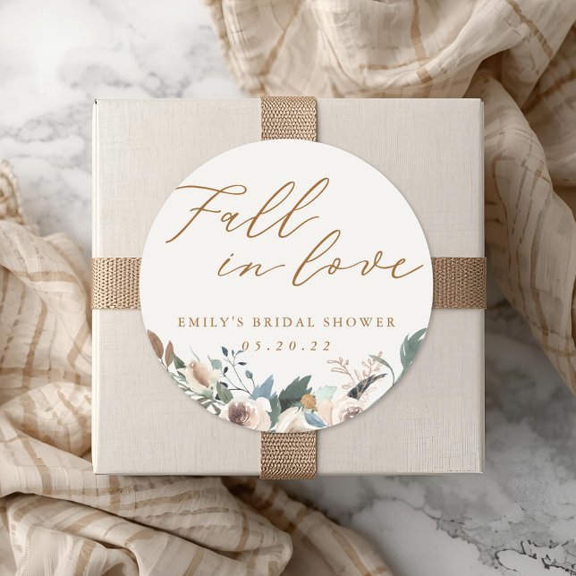 Rustic Autumn Floral Fall in Love Bridal Shower Classic Round Sticker (Creator Uploaded)