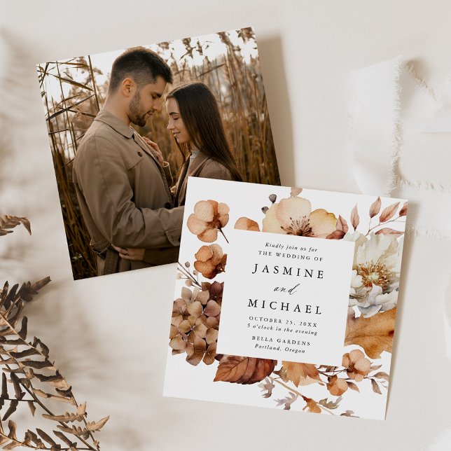 Rustic Autumn Floral Frame Square Photo Wedding Invitation (Creator Uploaded)