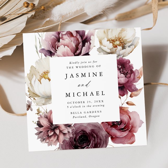 Rustic Autumn Floral Frame Square Wedding Invitation (Creator Uploaded)