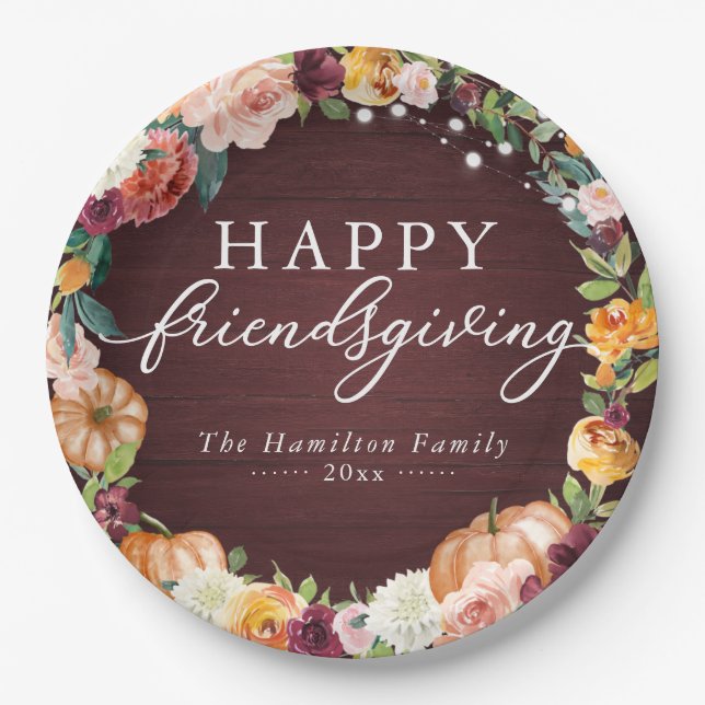 Rustic Autumn Floral Friendsgiving Dinner Paper Pl Plate (Front)