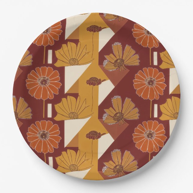 Rustic Autumn Floral Geometric Pattern Paper Plate (Front)