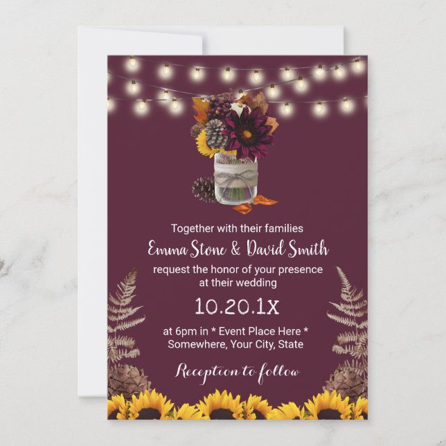 Rustic Autumn Floral Jar Burgundy Fall Wedding Invitation (Front)