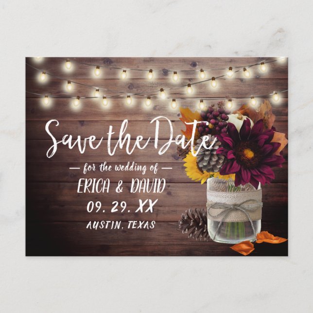 Rustic Autumn Floral Mason Jar Barn Save the Date Announcement Postcard (Front)