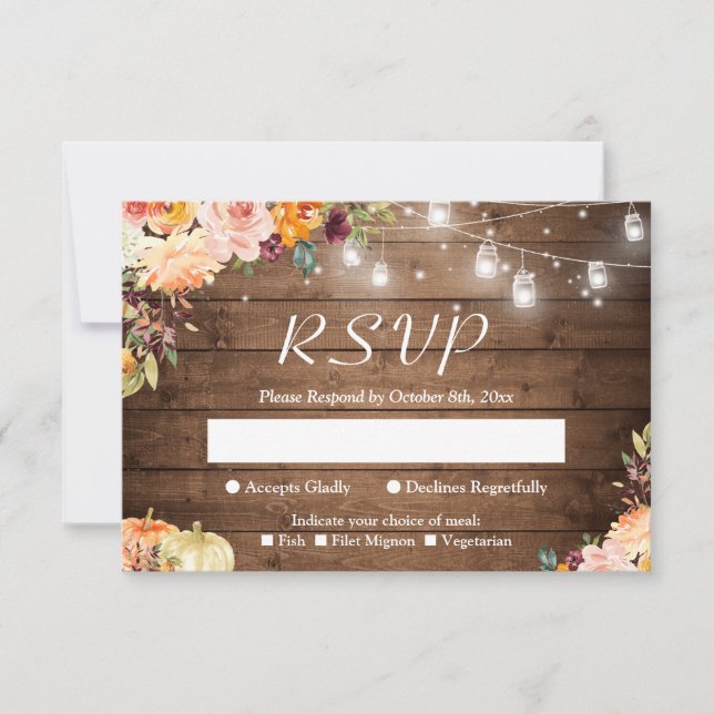 Rustic Autumn Floral Mason Jar Lights Wedding RSVP Card (Front)