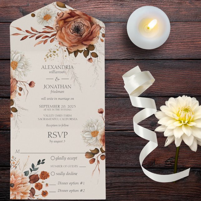 Rustic Autumn Floral on Beige with Dinner Options All In One Invitation (Also available with QR code or without dinner options. )