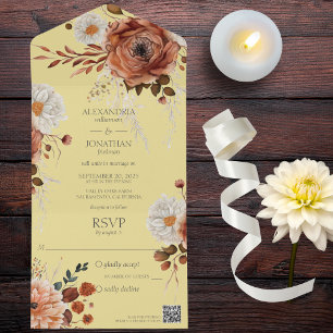 Rustic Autumn Floral on Gold QR Code All In One Invitation
