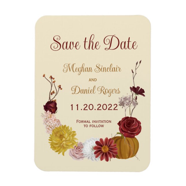 Rustic Autumn Floral Pumpkin Save the Date Magnet (Vertical)
